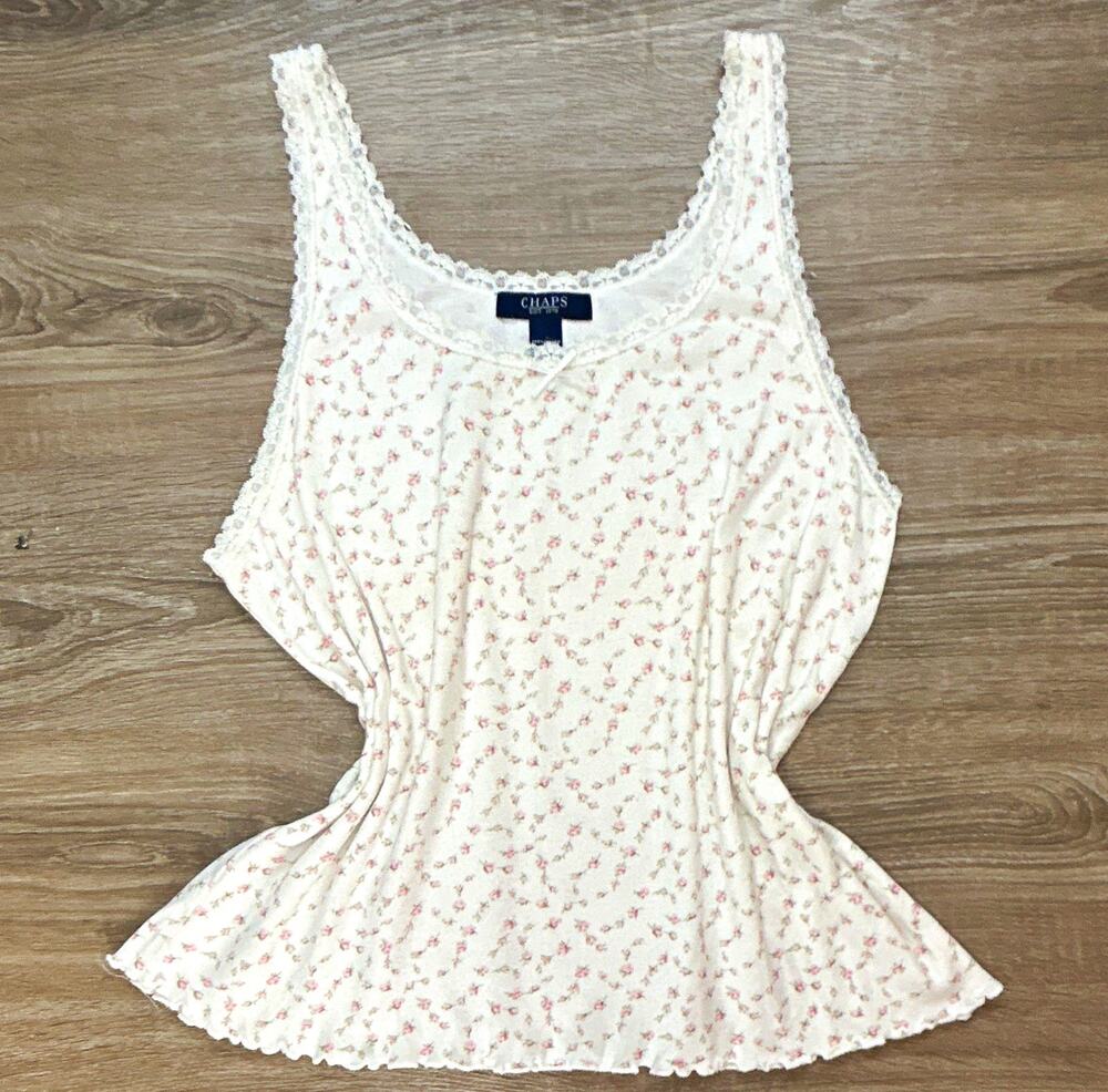Y2K style Chaps Women's Floral Lace Trim Cotton Camisole Tank Top White Pink M
